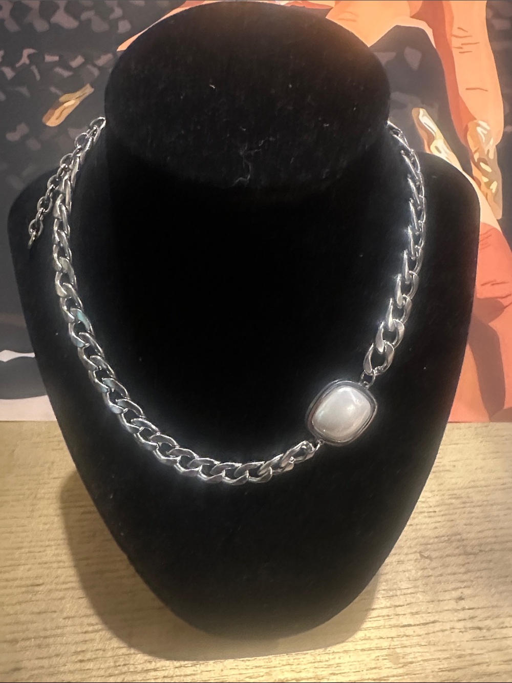 LSJ Stainless Steel Chain Necklace with White Pearl-Like Pendant - 2 in Ext